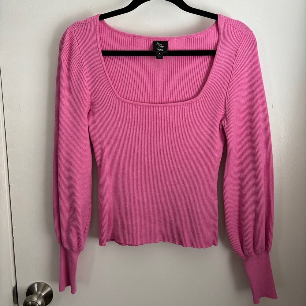 Hot Pink Square Neck Long Sleeve Pullover Sweater